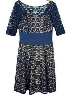 Navy Lace Midi Dress Wedding Guest Cocktail Formal Adrianna Papell Size 4